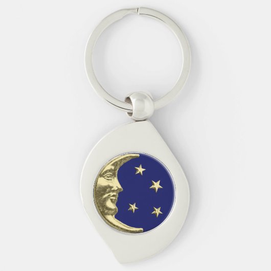 Art Deco Moon en Stars - Navy Blue en Gold Sleutelhanger (Voorkant)