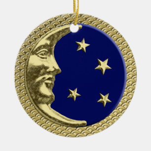 Art Deco Moon en Stars Navy op een gouden achtergr Keramisch Ornament