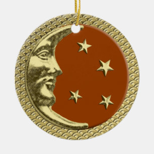 Art Deco Moon en Stars Rust op gouden achtergrond Keramisch Ornament