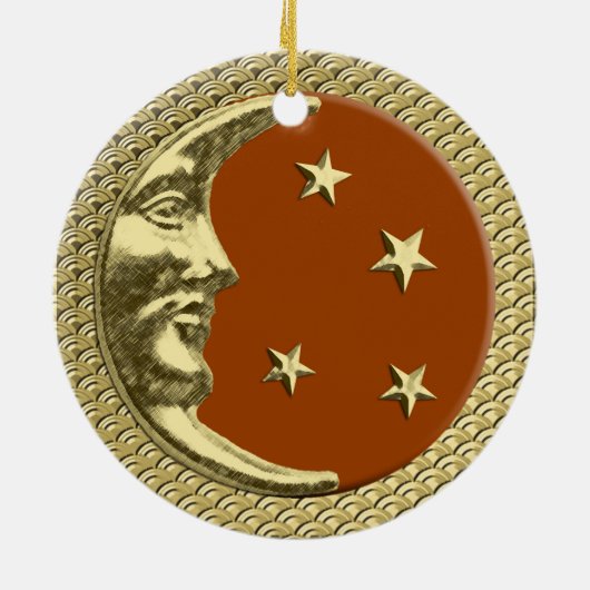 Art Deco Moon en Stars Rust op gouden achtergrond Keramisch Ornament (Achterkant)