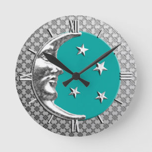 Art Deco Moon en Stars, Turquoise en Silver Ronde Klok