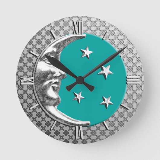 Art Deco Moon en Stars, Turquoise en Silver Ronde Klok (Voorkant)