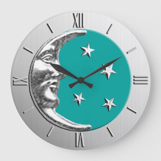 Art Deco Moon en Stars - Turquoise & Silver Grote Klok (Voorkant)