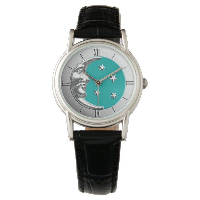 Art Deco Moon en Stars - Turquoise & Silver Horloge (Voorkant)