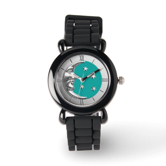 Art Deco Moon en Stars - Turquoise & Silver Horloge (Voorkant)