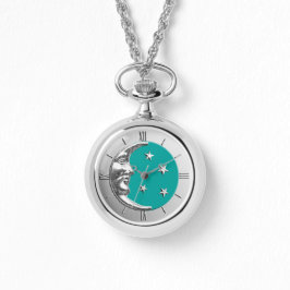 Art Deco Moon en Stars - Turquoise & Silver Horloge