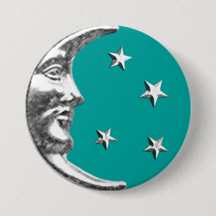 Art Deco Moon en Stars - Turquoise & Silver Ronde Button 7,6 Cm
