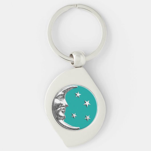 Art Deco Moon en Stars - Turquoise & Silver Sleutelhanger (Voorkant)