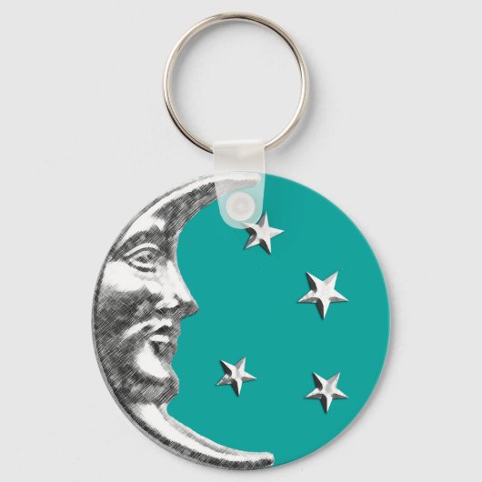 Art Deco Moon en Stars - Turquoise & Silver Sleutelhanger (Voorkant)