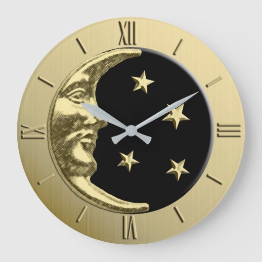 Art Deco Moon en Stars - zwart en goud Grote Klok (Voorkant)
