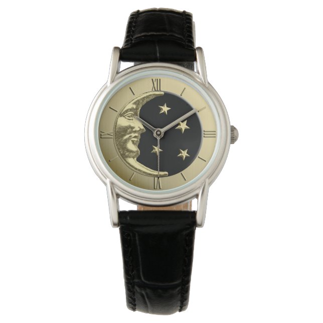 Art Deco Moon en Stars - zwart en goud Horloge (Voorkant)