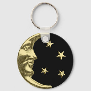 Art Deco Moon en Stars - zwart en goud Sleutelhanger