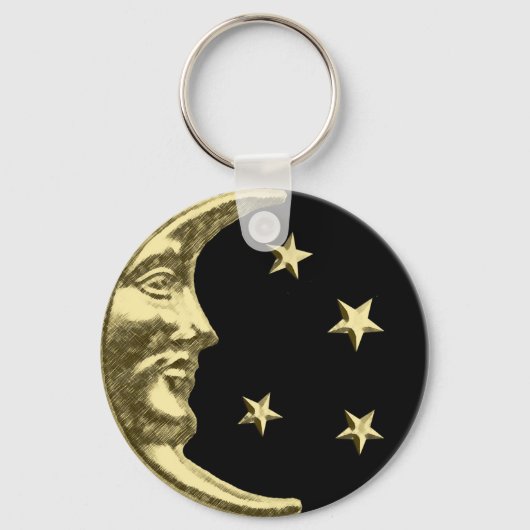 Art Deco Moon en Stars - zwart en goud Sleutelhanger (Voorkant)