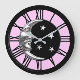 Art Deco Moon en Stars - zwart, roze en zilver Grote Klok