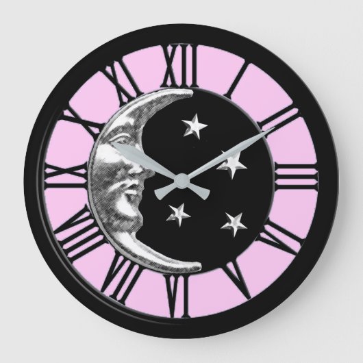 Art Deco Moon en Stars - zwart, roze en zilver Grote Klok (Voorkant)