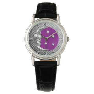 Art Deco Moon en sterren - Amethyst Paars & Silver Horloge
