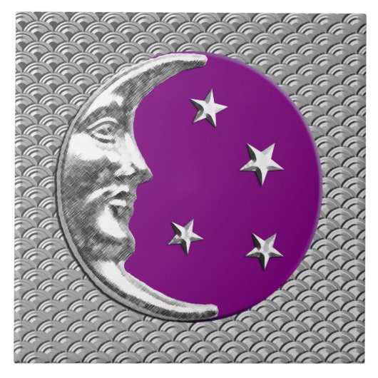 Art Deco Moon en sterren - Amethyst Paars & Silver Tegeltje (Voorkant)