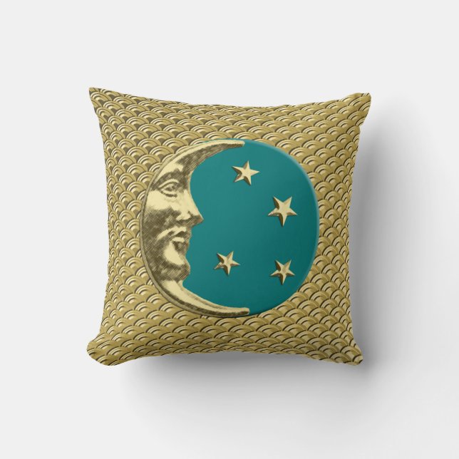 Art Deco Moon en sterren - Blauwgroen en goud Kussen (Voorkant)