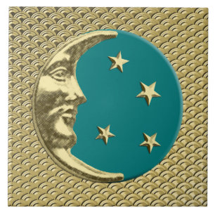 Art Deco Moon en sterren - Blauwgroen en goud Tegeltje