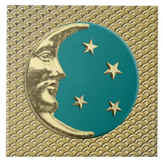 Art Deco Moon en sterren - Blauwgroen en goud Tegeltje (Voorkant)
