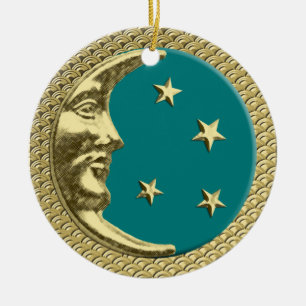 Art Deco Moon en sterren Blauwgroen op een gouden  Keramisch Ornament