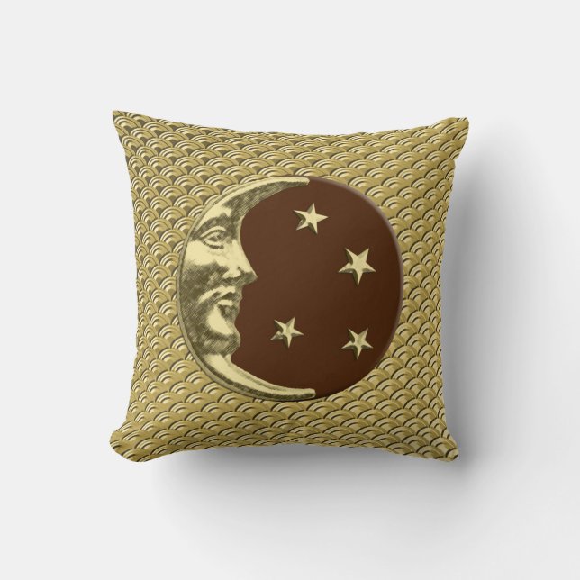 Art Deco Moon en sterren - Chocolate Brown & Gold Kussen (Voorkant)
