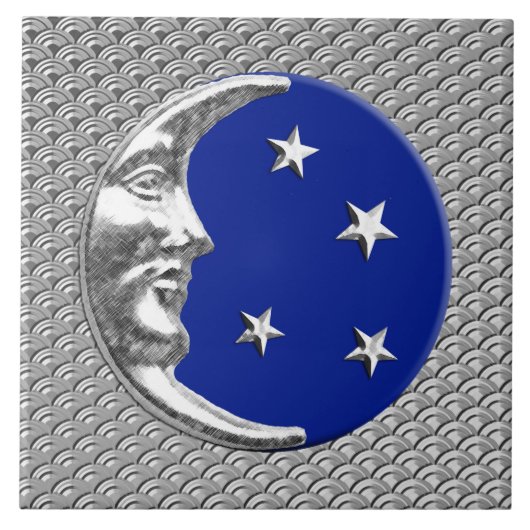 Art Deco Moon en sterren - Cobalt Blue en Silver Tegeltje (Voorkant)