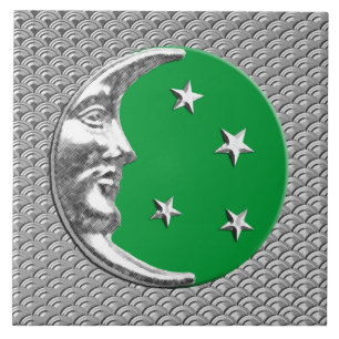 Art Deco Moon en sterren - Jade Green en Silver Tegeltje