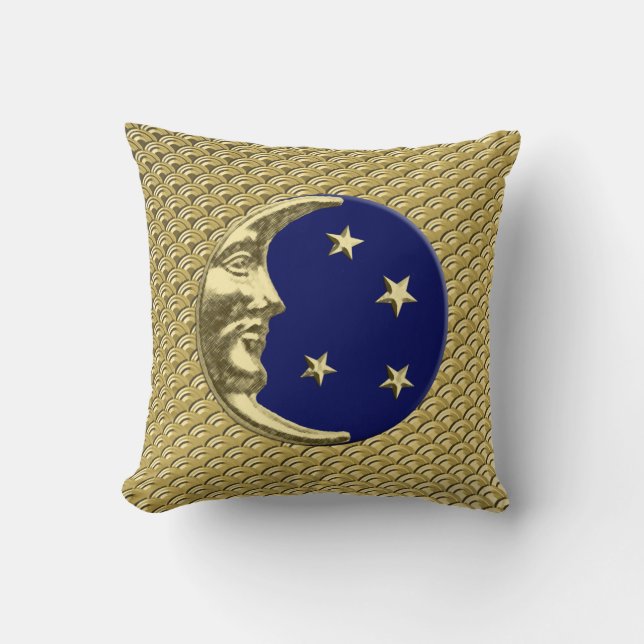 Art Deco Moon en sterren - Navy Blue en Gold Kussen (Voorkant)