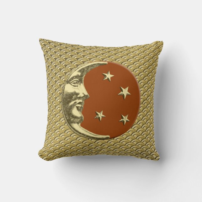 Art Deco Moon en sterren - Rust Brown en Gold Kussen (Voorkant)