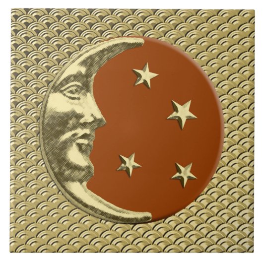 Art Deco Moon en sterren - Rust Brown en Gold Tegeltje (Voorkant)