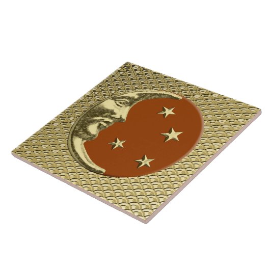 Art Deco Moon en sterren - Rust Brown en Gold Tegeltje (Zijkant)