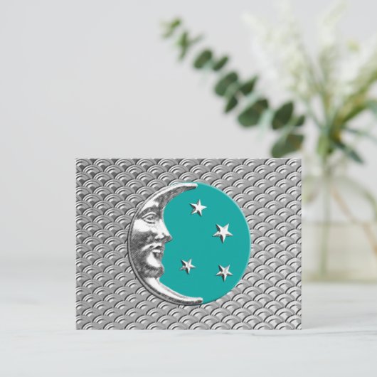 Art Deco Moon en sterren - Turquoise & Silver Briefkaart (Staand voorkant)