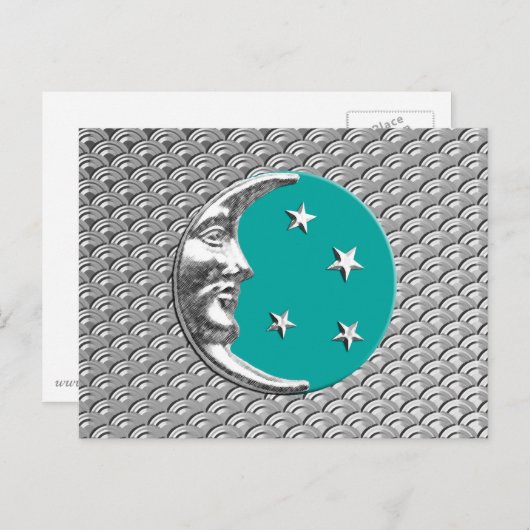 Art Deco Moon en sterren - Turquoise & Silver Briefkaart (Voorkant / Achterkant)