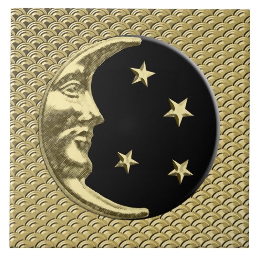 Art Deco Moon en sterren - Zwart en goud Tegeltje (Voorkant)