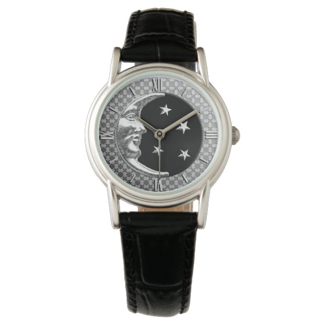 Art Deco Moon en sterren - Zwart en zilver Horloge (Voorkant)