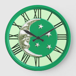 Art Deco Moon Face - Jade Green en Silver Grote Klok