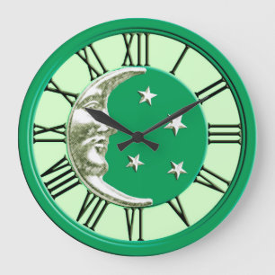Art Deco Moon Face - Jade Green en Silver Grote Klok