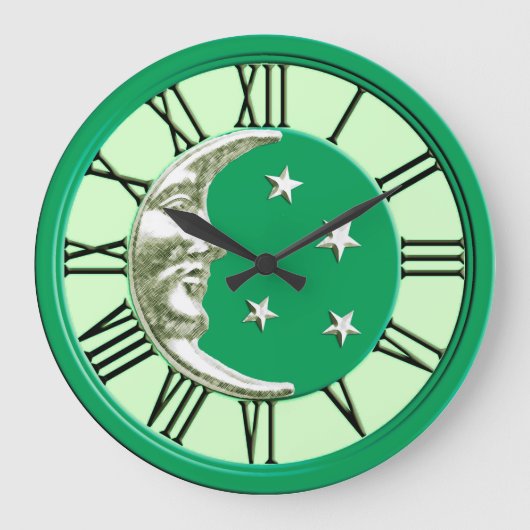 Art Deco Moon Face - Jade Green en Silver Grote Klok (Voorkant)