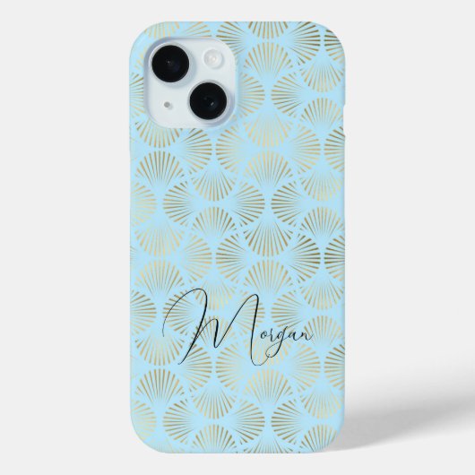 Art Deco motief, goud & lichtblauw, naam in script Case-Mate iPhone Case (Achterkant)