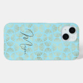 Art Deco motief, goud & lichtblauw, naam in script Case-Mate iPhone Case (Achterkant (horizontaal))