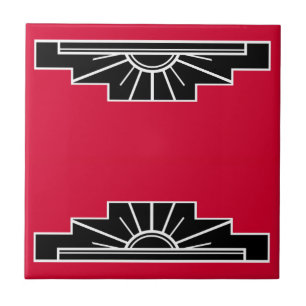 Art Deco Motif in B&W en Red Ceramic Tegel Tegeltje