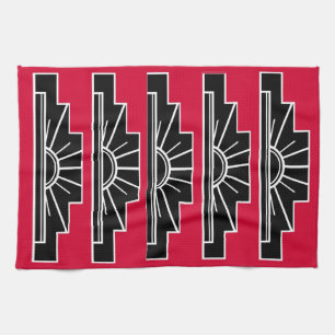 Art Deco Motif in B&W en Red Tea Towel Theedoek