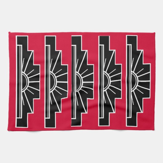 Art Deco Motif in B&W en Red Tea Towel Theedoek (Horizontaal)