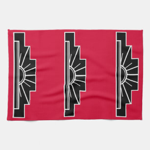 Art Deco Motif in B&W en Red Tea Towel Theedoek