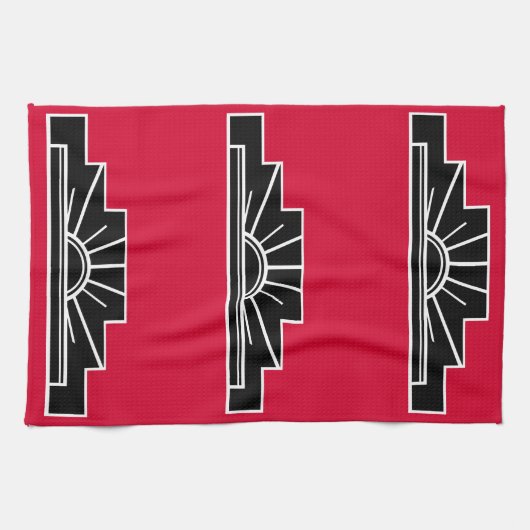 Art Deco Motif in B&W en Red Tea Towel Theedoek (Horizontaal)