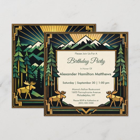 Art Deco Mountain Forest Birthday Party Kaart (Voorkant / Achterkant)
