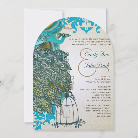 Art Deco Musical Peacock Bird Cage Feathers Kaart (Voorkant)