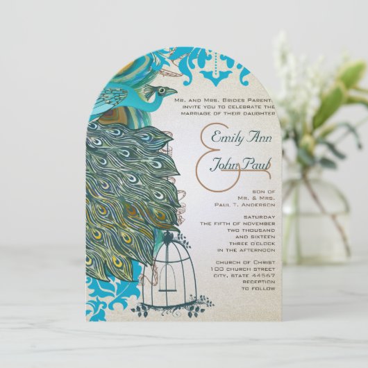 Art Deco Musical Peacock Bird Cage Feathers Kaart (Staand voorkant)