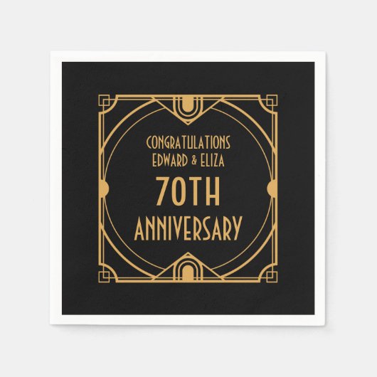 Art Deco Naam 70e bruiloft Jubileum Goud Zwart Servet (Voorkant)